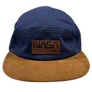MAD Engine OSFM NASA Adult Navy Brown Adjustable Cap Hat Snap Buckle Faux Suede